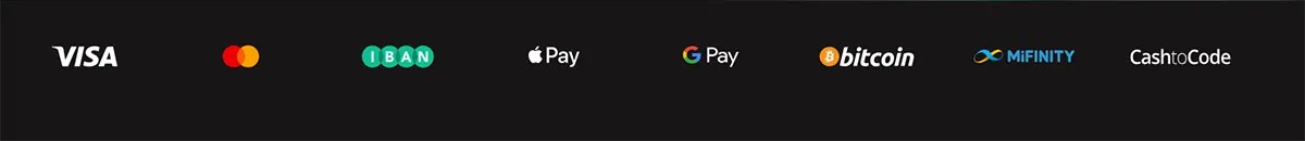 Payment methods banner displaying Visa, Mastercard, IBAN, Apple Pay, Google Pay, Bitcoin, MiFinity, and CashtoCode logos on a dark background.