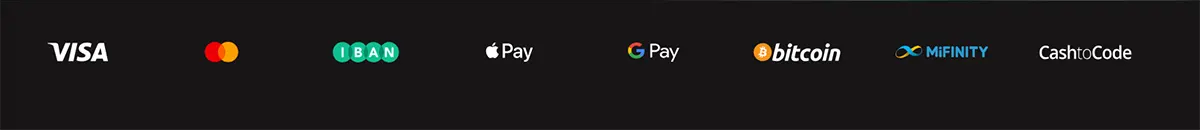 Payment methods banner displaying Visa, Mastercard, IBAN, Apple Pay, Google Pay, Bitcoin, MiFinity, and CashtoCode logos on a dark background.