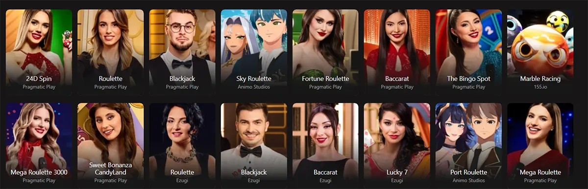 Live casino game grid featuring titles such as 24D Spin, Roulette, Blackjack, Sky Roulette, Fortune Roulette, Baccarat, The Bingo Spot, Marble Racing, Mega Roulette 3000, Sweet Bonanza CandyLand, Lucky 7, and Port Roulette on a dark interface.