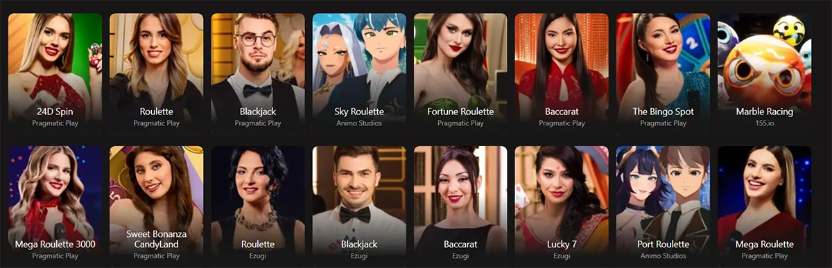 Live casino game grid featuring titles such as 24D Spin, Roulette, Blackjack, Sky Roulette, Fortune Roulette, Baccarat, The Bingo Spot, Marble Racing, Mega Roulette 3000, Sweet Bonanza CandyLand, Lucky 7, and Port Roulette on a dark interface.