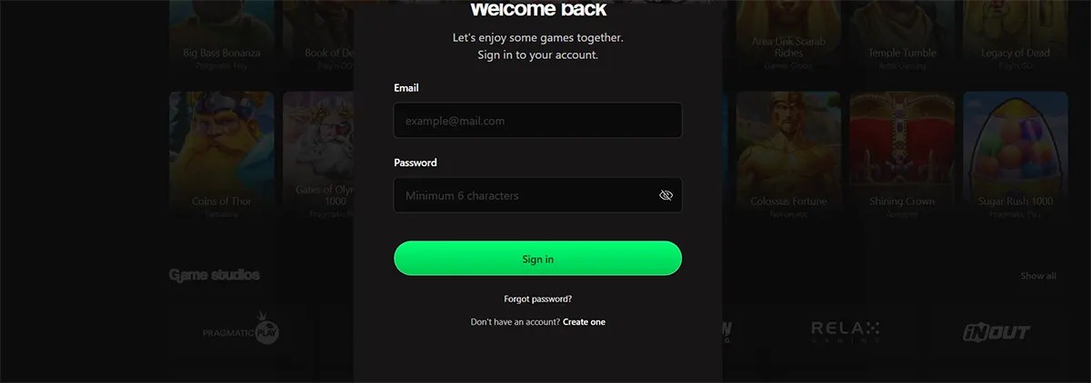 Casino login popup with email and password fields, a bright green sign-in button, and a dark blurred game selection background.