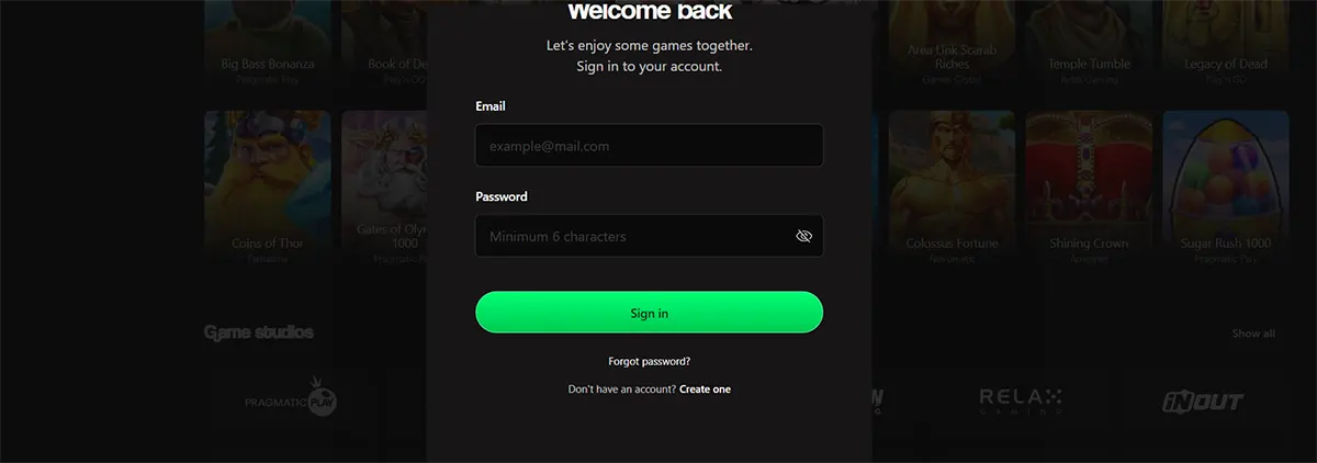 Casino login popup with email and password fields, a bright green sign-in button, and a dark blurred game selection background.